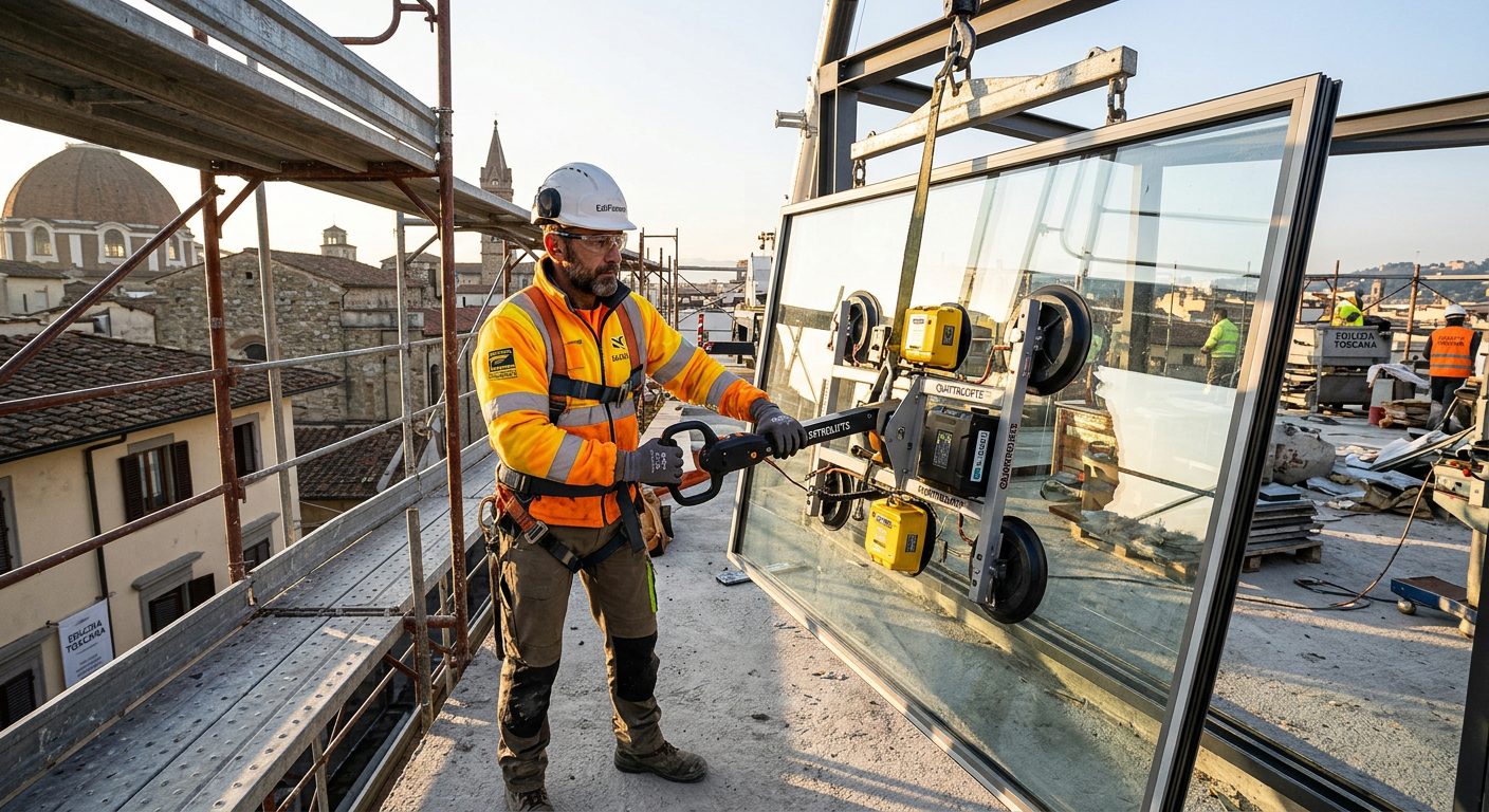 Operatore abilitato con sollevatore a ventosa per vetro in cantiere
